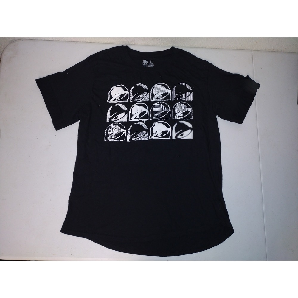 Taco Bell Womens Black Graphic Logo Grid T-Shirt Size Large Curved Hem Tee
